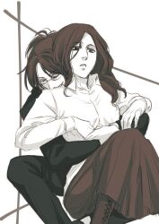 2girls bad_link black_hair black_suit closed_eyes cross-laced_footwear formal_clothes hange_zoe head_on_another&#039;s_shoulder hug hug_from_behind knee_up long_hair multiple_girls nose open_clothes pieck_finger shingeki_no_kyojin shirt simple_background sitting skirt suit white_background