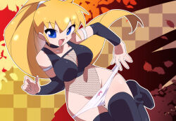 Rule 34 | 1girl, autumn leaves, bare shoulders, black boots, black shirt, blonde hair, blue eyes, boots, breasts, character request, cleavage, copyright request, crop top, fishnet leotard, fishnets, high ponytail, kaidou zx, large breasts, leaf, leotard, long hair, ninja, panties, panty pull, ponytail, shirt, solo, thigh boots, underwear, white panties