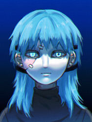 1boy absurdres artificial_eye black_background black_shirt blue_background blue_eyes blue_hair chromatic_aberration commentary cracked_mask ear_piercing earrings english_commentary expressionless gradient_background highres jewelry kanoshu_baki long_hair looking_at_viewer male_focus piercing portrait sal_fisher sally_face shirt solo white_mask