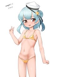 Rule 34 | 1girl, absurdres, bikini, blue hair, brown eyes, dated, dixie cup hat, double bun, flat chest, gold bikini, hair bun, hair ornament, hat, hat ribbon, highres, kantai collection, maru (marg0613), military hat, navel, one-hour drawing challenge, ribbon, samuel b. roberts (kancolle), samuel b. roberts mk ii (kancolle), simple background, solo, star (symbol), star hair ornament, swimsuit, twintails, twitter username, white background, white hat
