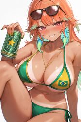 1girl alcohol alternate_costume beer beer_can bikini brazilian_flag brazilian_flag_bikini brazilian_flag_print brazilian_miku breasts can cleavage dark-skinned_female dark_skin drink_can earrings eyewear_on_head feather_earrings feathers flag_print flag_print_bikini foame gold_needle gradient_hair green_bikini green_hair green_nails halterneck hatsune_miku highres hololive hololive_english jewelry large_breasts long_hair looking_at_viewer multicolored_hair navel necklace orange_hair print_bikini purple_eyes side-tie_bikini_bottom simple_background smile solo string_bikini sunglasses swimsuit takanashi_kiara tan tanline tanline_peek thick_thighs thighs virtual_youtuber vocaloid white_background yellow_nails yellow_trim