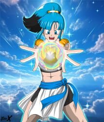 1girl abs absurdres bike_shorts black_hair blue_eyes blue_sky bulma chi-chi_(dragon_ball) cloud cloudy_sky dragon_ball eddy_x energy_ball fighting_stance fringe_trim fusion fusion_dance glowing hands_up highres metamoran_vest multicolored_hair navel pelvic_curtain ponytail powering_up sidelocks sky sparks stardust_breaker strapless two-tone_hair vest