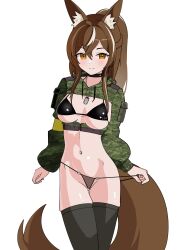 1girl absurdres aitshef animal_ear_fluff animal_ears armband bra breasts cadpat callisto_(greyeth) choker clothes_writing commission crop_top dog_tags fox_ears fox_girl fox_tail highres large_breasts leaf looking_at_viewer maple_leaf multicolored_hair navel_piercing original panties panty_pull piercing second-party_source solo streaked_hair tail thighhighs underwear yellow_armband