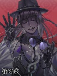 1boy :d bead_necklace beads bell_sleeves black_gloves black_hair black_hat black_robe black_skin blunt_bangs blunt_ends braid changpao chinese_clothes closed_eyes colored_skin dairoku_ryouhei eye_in_palm eye_print eye_symbol eyewear_around_neck eyewear_strap facing_viewer fedora gloves hands_up hat holding holding_removed_eyewear jewelry long_hair long_sleeves lowres male_focus necklace onyx_valentine open_hands open_mouth print_gloves purple-tinted_eyewear red_background robe round_eyewear side_braid smile solo standing tassel teeth tinted_eyewear unworn_eyewear upper_body very_amai