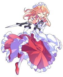 1girl :d ^_^ alphes_(style) apron bare_arms black_ribbon blonde_hair breasts closed_eyes collared_dress commentary_request dairi dress frilled_apron frilled_dress frills frown full_body hair_between_eyes hair_intakes large_variant_set leg_up long_hair maid maid_apron maid_headdress open_mouth palms pantyhose parody puffy_short_sleeves puffy_sleeves red_dress red_shoes ribbon shoes short_sleeves small_breasts smile solo style_parody sword throwing touhou touhou_(pc-98) transparent_background variant_set weapon white_apron white_pantyhose yellow_eyes yumeko_(touhou)