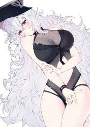 1girl absurdres azur_lane black_one-piece_swimsuit breasts clothing_cutout eyebrows_hidden_by_hair graf_zeppelin_(azur_lane) graf_zeppelin_(beachside_urd)_(azur_lane) hair_between_eyes hair_spread_out hat hatski.sin highres holding_own_arm large_breasts long_hair looking_at_viewer lying messy_hair navel official_alternate_costume on_back one-piece_swimsuit peaked_cap red_eyes sidelocks simple_background solo stomach stomach_cutout swimsuit very_long_hair white_background white_hair wristband