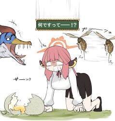 Rule 34 | 1girl, absurdres, all fours, aru (blue archive), blank eyes, blue archive, broken egg, bug, collared shirt, crossover, demon horns, dinosaur, egg yolk, grass, halo, highres, horns, laughing, monster hunter (series), nervous sweating, nubebenbe, open mouth, orange halo, pink hair, sharp teeth, shirt, skirt, sound effects, stinger, sweat, teeth, velocidrome, vespoid, white shirt