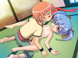 1boy 1girl asuka_souma censored hair_ornament hairpin hetero japanese_clothes loli long_hair magatama miko mosaic_censoring nazuna_(onmyou_taisenki) onmyou_taisenki pussy sex shota twintails vaginal