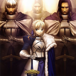 00s 1girl 3boys absurdres ahoge armor armored_dress artoria_pendragon_(fate) avalon_(fate) bedivere_(fate) berserker_(fate/zero) blonde_hair braid cape closed_eyes cross dress excalibur_(fate/stay_night) fate/stay_night fate/zero fate_(series) fur gauntlets gawain_(fate) green_eyes hair_ribbon hands_on_hilt height_difference highres king knight lancelot_(fate/stay_night) lancelot_(fate/zero) looking_at_viewer multiple_boys planted planted_sword planted_weapon ribbon saber_(fate) sheath sheathed sword takeuchi_takashi weapon