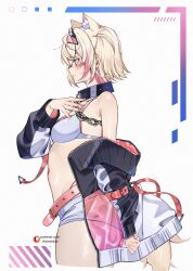1girl absurdres alternate_costume animal_ears belt bikini bikini_top_only black_jacket blonde_hair blue_eyes breasts chain chain_leash closed_mouth collar commentary cropped_legs crossed_bangs dog_ears dog_girl dog_tail double-parted_bangs english_commentary extra_ears from_side hair_between_eyes hair_intakes hairband hand_up highres hololive hololive_english horn_hairband jacket keisea leash metal_collar midriff mococo_abyssgard multicolored_hair navel off_shoulder paid_reward_available pink_belt pink_hair pink_hairband see-through_clothes see-through_jacket short_hair short_shorts shorts small_breasts solo streaked_hair swimsuit tail two_side_up virtual_youtuber white_bikini white_jacket white_shorts