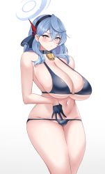 1girl absurdres ako_(blue_archive) bare_shoulders bikini blue_archive blue_bikini blue_eyes blue_hair blush breasts cleavage collarbone crimecrime hair_between_eyes highres large_breasts long_hair looking_at_viewer navel open_mouth solo swimsuit thighs