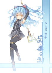 1girl absurdres animal_ears armpits arms_up black_dress black_thighhighs blue_hair copyright_name dress eiyuu_densetsu expressionless fake_animal_ears falcom female_focus full_body highres long_hair saru shoes skirt solo staff thighhighs tio_plato two_side_up yellow_eyes zero_no_kiseki