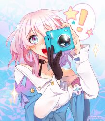 ! 1girl :d artist_name black_choker black_gloves blue_eyes blue_jacket blue_ribbon blush camera choker clip_studio_paint_(medium) collarbone commentary english_commentary gloves gzeroexe highres holding holding_camera honkai:_star_rail honkai_(series) jacket looking_at_viewer march_7th_(honkai:_star_rail) march_7th_(preservation)_(honkai:_star_rail) medium_hair off_shoulder open_mouth pink_hair ribbon ribbon_earrings shirt single_glove smile solo sparkle star_(symbol) white_shirt
