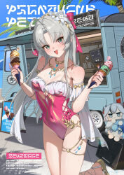 Rule 34 | 1girl, ahoge, aqua eyes, bare shoulders, blue sky, bow, breasts, carlotta (splashing summer) (wuthering waves), carlotta (wuthering waves), casual one-piece swimsuit, commentary, covered navel, cutout above navel, day, frilled one-piece swimsuit, frills, grey hair, hair bow, hashtag-only commentary, highleg, highleg one-piece swimsuit, highres, holding, holding ice cream cone, ice cream cone, light blush, looking at viewer, meda, medium breasts, off-shoulder one-piece swimsuit, off shoulder, official alternate costume, one-piece swimsuit, open mouth, outdoors, parted bangs, pink bow, pink one-piece swimsuit, sidelocks, sky, smile, solo, striped bow, swimsuit, thighs, wuthering waves