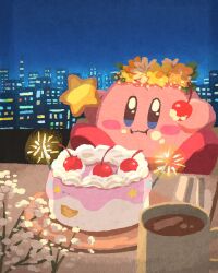 Rule 34 | :i, birthday cake, blue eyes, blush stickers, cake, cherry, closed mouth, commentary, cream, cup, eating, flower wreath, food, fruit, highres, kirby, kirby (series), miclot, mug, nintendo, no humans, plate, skyline, smile, symbol-only commentary
