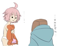 ... 1girl ahoge arch_bishop_(ragnarok_online) commentary_request cowboy_shot dress holding holding_unworn_clothes holding_unworn_dress open_mouth orange_dress panties pink_hair ragnarok_online sasamuke_pika short_hair simple_background solid_circle_eyes solo translation_request underwear unworn_dress white_background white_panties