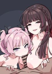 2girls absurdres aoi_nadeshiko braid brown_hair fellatio gakuen_idolmaster highres idolmaster multicolored_hair multiple_girls nipples ohgi910 open_mouth oral penis pink_eyes pink_hair red_eyes red_hair shirakusa_shion smug twintails