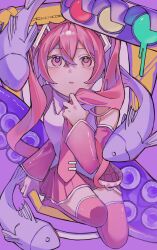 Rule 34 | 1000-nen ikiteru (vocaloid), 1girl, alternate color, bare shoulders, crossed bangs, fish, hair between eyes, hair ornament, hatsune miku, highres, holding, holding own hair, long hair, looking up, necktie, nikuta, parted lips, pink eyes, pink hair, pink necktie, pink skirt, pink sleeves, pink thighhighs, pleated skirt, shirt, skirt, solo, tentacles, thighhighs, tie clip, traffic light, twintails, very long hair, vocaloid, white shirt, zettai ryouiki