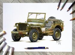 anthony-c art_tools_in_frame car colored_pencil colored_pencil_(medium) commentary english_commentary green_car highres marker marker_(medium) mechanical_pencil military_jeep military_vehicle motor_vehicle no_humans original pencil photo_(medium) rope shadow signature simple_background star_(symbol) traditional_media vehicle_focus white_background