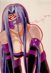 1girl blindfold boots breaker_gorgon breasts cleavage collarbone commentary facial_mark fate/stay_night fate_(series) forehead forehead_mark highres large_breasts long_hair marker_(medium) medusa_(fate) medusa_(rider)_(fate) one_eye_covered open_mouth pink_eyes purple_hair sai_(lastguren) simple_background solo square_pupils thigh_boots thighhighs traditional_media