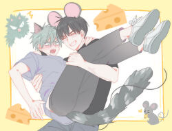 2boys alien_stage animal_ears black_hair black_shirt carrying carrying_person cat_boy cat_ears cat_tail cheese closed_eyes commentary food green_eyes grey_hair grey_pants grey_shirt grin highres ivan_(alien_stage) male_focus mikan_(artist) mouse_(animal) mouse_boy mouse_ears mouse_tail multiple_boys pants shirt shoes smile symbol-only_commentary tail till_(alien_stage) white_shoes