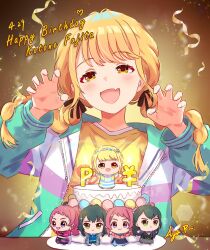1girl birthday blonde_hair cake character_doll character_request doll fang food fujita_kotone gakuen_idolmaster gao highres idolmaster jacket koaya low_twintails open_clothes open_jacket open_mouth shirt signature skin_fang solo twintails yellow_eyes