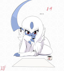 ... absol absurdres animal_focus artist_name claws creatures_(company) dated eryz fluffy game_freak gen_3_pokemon hand_up head_rest highres horn_ornament horns ink inkwell looking_down lying mega_stone nintendo on_side paper pokemon pokemon_(creature) red_eyes short_hair signature simple_background solo white_background white_hair