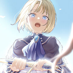 Rule 34 | 1boy, 1girl, aged down, ascot, blonde hair, blue ascot, blue eyes, blue sky, blush, dagger, dated commentary, dimitri alexandre blaiddyd, dimitri alexandre blaiddyd (young), dot nose, edelgard von hresvelg, edelgard von hresvelg (young), fire emblem, fire emblem: three houses, highres, holding, holding dagger, holding knife, holding weapon, knife, male focus, nintendo, open mouth, outdoors, short hair, sky, solo focus, soma otakuu, upper body, weapon