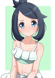 1girl absurdres bare_shoulders black_hair blue_eyes border breasts collarbone green_background highres liko_(pokemon) looking_at_viewer navel nintendo outside_border pokemon pokemon_(anime) pokemon_horizons rono_(lethys) short_hair small_breasts solo swimsuit upper_body white_border