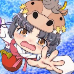1girl animal_hat black_hair blue_background blush brown_eyes brown_hat crying etotama flower hakama hat hat_flower hat_ornament highres horse_girl horse_hat horseshoe horseshoe_hat_ornament japanese_clothes jumping long_sleeves miko open_mouth reaching reaching_towards_viewer red_hakama shirt short_hair t_jiroo_(ringofriend) tears uma-tan white_shirt wide_sleeves