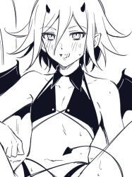 1boy bare_shoulders blush collarbone danganronpa_(series) danganronpa_v3:_killing_harmony demon_horns demon_tail demon_wings ewa_(seraphhuiyu) hair_between_eyes horns legs_apart male_focus navel oma_kokichi pointy_ears smile solo tail wings