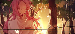 Rule 34 | 1boy, closed eyes, closed mouth, dated, dawn, facing viewer, forest, hatsutori hajime, high collar, lcl, long hair, male focus, mistyrain, nature, outdoors, pink hair, saibou shinkyoku, shirt, signature, smile, white shirt