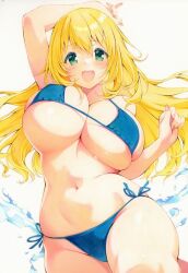 1girl :d arm_up atago_(kancolle) bikini blonde_hair blue_bikini blue_eyes bouncing_breasts breasts cleavage clenched_hand commentary_request curvy green_eyes hair_between_eyes kantai_collection large_breasts long_hair looking_at_viewer marker_(medium) navel open_mouth simple_background smile solo swimsuit thighs thingtng_(sgma7424) traditional_media water white_background