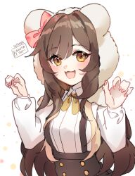1girl :d animal_ears animal_hood bear_ears bear_hood black_skirt blush breasts brown_eyes brown_hair capelet collared_shirt dated dress_shirt fake_animal_ears grey_capelet hood hood_up hooded_capelet kobutanori long_hair long_sleeves looking_at_viewer medium_breasts nail_polish open_mouth original pink_nails puffy_long_sleeves puffy_sleeves shirt signature simple_background skirt smile solo suspender_skirt suspenders very_long_hair white_background white_shirt