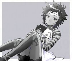 1girl :3 allen_walker arm_ribbon black_nails black_shorts border d.gray-man daraku_(daraku39) dark-skinned_female dark_skin doll dress facial_mark forehead_mark grey_background greyscale holding holding_doll hugging_doll hugging_object legs light_smile looking_at_doll looking_down messy_hair mole mole_under_eye monochrome neck_ribbon noah_(d.gray-man) outside_border ribbon road_kamelot scar scar_across_eye scar_on_face short_hair shorts sidelocks simple_background sitting solo spiked_hair strapless strapless_dress stuffed_toy thighhighs thighs torn_clothes torn_thighhighs tyki_mikk white_border white_dress white_hair yellow_eyes