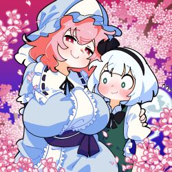 2girls anime_coloring black_bow black_bowtie black_hairband blue_hat blue_kimono blush bow bowtie breasts bright_pupils cherry_blossoms closed_mouth ghost gram_9 hairband hat highres japanese_clothes kimono konpaku_youmu konpaku_youmu_(ghost) large_breasts looking_at_breasts looking_at_viewer medium_hair multiple_girls pink_hair red_eyes saigyouji_yuyuko sash short_hair smile touhou triangular_headpiece white_hair white_pupils yuri