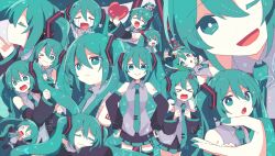 &gt;_&lt; 1girl :3 anger_vein aqua_eyes aqua_hair aqua_nails aqua_necktie arusechika black_skirt black_sleeves blush blush_stickers closed_eyes closed_mouth commentary_request crying detached_sleeves grey_shirt hachune_miku hands_on_own_hips hatsune_miku heart holding holding_heart leekspin_(meme) long_hair long_sleeves looking_at_viewer meme miniskirt multiple_views musical_note nail_polish necktie number_tattoo one_eye_closed open_mouth pleated_skirt shirt shoulder_tattoo skirt sleeveless sleeveless_shirt smile spring_onion streaming_tears tattoo tears twintails very_long_hair vocaloid
