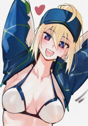 1girl ahoge arms_behind_head baseball_cap blonde_hair blue_eyes bra breasts collarbone cropped_jacket fate/grand_order fate_(series) female_focus hat heart heart-shaped_pupils kamisato_sora light_blush looking_at_viewer mysterious_heroine_xx_(fate) open_mouth simple_background small_breasts symbol-shaped_pupils teeth tongue underwear upper_body white_background