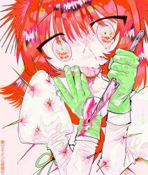 Rule 34 | 1girl, blood, edanoma meu, food, fruit, gloves, green gloves, hands up, highres, holding, holding knife, injury, juliet sleeves, knife, lemon, lemon slice, long hair, long sleeves, looking at viewer, neckerchief, original, puffy sleeves, red hair, red neckerchief, solo, tears, thorns, upper body
