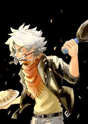 1boy bandana belt black_background black_belt black_jacket classicaloid dumpling food from_side frying_pan green_eyes grey_pants highres holding holding_frying_pan jacket jiaozi long_sleeves ludwig_van_beethoven_(classicaloid) male_focus mouth_hold na1or8 pants red_bandana shirt short_hair solo v-shaped_eyebrows white_hair yellow_shirt