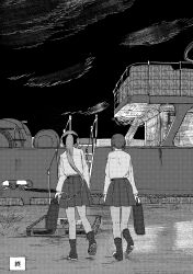 2girls absurdres akigumo_(kancolle) boots dress_shirt from_behind full_body greyscale highres kantai_collection kuragare ladder long_hair monochrome multiple_girls okinami_(kancolle) outdoors pleated_skirt ponytail school_uniform ship shirt short_hair skirt watercraft