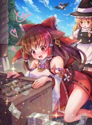 3girls alternate_costume animal_ears apron bird_wings black_hair black_skirt black_vest black_wings blonde_hair blue_sky blush bow box braid breasts brown_eyes brown_hair cloud coin commentary_request cosplay day detached_sleeves donation_box earrings floppy_ears flying fox_ears fox_girl frilled_bow frilled_hair_tubes frills genshin_impact groin hair_bow hair_tubes hakurei_reimu happy hat heart highres japanese_clothes jewelry kemonomimi_mode kirisame_marisa long_hair money multiple_girls no_panties nontraditional_miko open_mouth partial_commentary pom_pom_(clothes) puffy_short_sleeves puffy_sleeves red_bow red_hat ribbon-trimmed_sleeves ribbon_trim shameimaru_aya shirt short_sleeves side_braid sideboob signature single_braid skirt sky smile sparkle sweat thighs tokin_hat tomoe_(pixiv_53856103) touhou trait_connection twitter_username very_long_hair vest waist_apron white_apron white_bow white_shirt wide_sleeves wings witch_hat yae_miko yae_miko_(cosplay) yellow_eyes