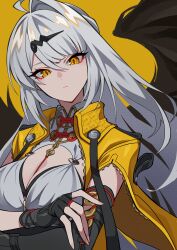 1girl absurdres ahoge arms_under_breasts black_gloves breasts commentary fingerless_gloves gloves highres jacket kurenairan77 large_breasts long_hair looking_at_viewer shirt simple_background single_hair_intake solo symbol-only_commentary upper_body white_hair white_shirt yellow_background yellow_eyes yellow_jacket yi_xuan_(zenless_zone_zero) zenless_zone_zero
