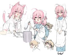 4girls :d ahoge animal_ear_fluff animal_ears apron bare_shoulders blue_kimono blush blush_stickers brown_hair camisole cat_ears cat_girl cat_tail child closed_eyes closed_mouth collarbone cooking_pot drawing_tablet dress finger_to_mouth headscarf holding holding_stylus japanese_clothes kappougi kemonomimi_mode kimono ladle long_hair mimi_(shiodome_oji) mother_and_daughter multiple_girls multiple_views nose_blush off_shoulder open_clothes open_mouth open_shirt original pacifier pink_eyes pink_hair red_eyes running shiodome_oji shirt simple_background smile stylus tail toddler translation_request white_apron white_background white_camisole white_dress white_headscarf white_shirt