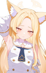 1girl animal_ear_fluff animal_ears armpits blonde_hair blue_archive breasts bright_pupils closed_mouth detached_sleeves dress extra_ears fox_ears fox_girl halo highres long_hair red_eyes sailor_collar sailor_dress seia_(blue_archive) simple_background sleeveless sleeveless_dress small_breasts solo ukiii upper_body white_background white_dress white_pupils white_sailor_collar white_sleeves yellow_halo