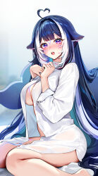1girl absurdres ahoge blush body_markings breasts cleavage foxyreine heart heart_ahoge highres indie_virtual_youtuber large_breasts long_hair long_sleeves looking_at_viewer multicolored_hair open_mouth orca_girl purple_eyes purple_hair shylily solo streaked_hair virtual_youtuber whale_girl