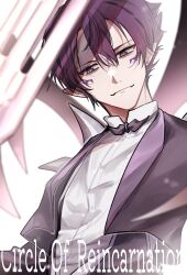 Rule 34 | 1boy, bow, bowtie, closed mouth, demon boy, demon wings, double-parted bangs, dress shirt, english text, facial tattoo, fangs, fork, formal clothes, hair between eyes, highres, jacket, kamimiya minato, kyoukai no rinne, looking to the side, male focus, masato (kyoukai no rinne), pointy ears, purple bow, purple bowtie, purple eyes, purple hair, purple suit, purple tattoo, shirt, short hair, skin fangs, slit pupils, solo, studded jacket, suit, tattoo, upper body, wings