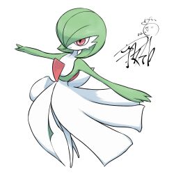 bob_cut colored_skin dress gardevoir gen_3_pokemon green_hair green_skin highres multicolored_skin nintendo outstretched_arms pink_eyes pokemon pokemon_(creature) signature simple_background smile two-tone_skin white_background white_dress white_skin yoshitatsu_ousuke
