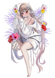 1girl absurdres ahoge barefoot belt_collar bikini breasts brown_hair cleavage collar collarbone eyelashes flower goddess_of_victory:_nikke grey_collar hair_ornament hammock heart highres large_breasts long_hair long_sleeves parted_lips partially_unbuttoned pink_flower purple_eyes red_flower rossy_(yowayowachimpo) shirt solo swimsuit very_long_hair viper_(nikke) viper_(shine_of_love)_(nikke) wet wet_clothes wet_shirt white_bikini white_shirt yellow_flower