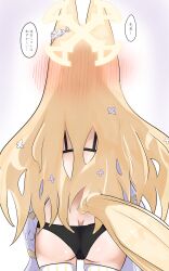 absurdres animal_ears ass back black_bra black_panties blonde_hair blue_archive bra butt_crack cameltoe commentary flower fly_dose fox_ears fox_girl fox_tail from_behind hair_blush hair_flower hair_ornament halo highres loli long_hair panties pantyhose petite pink_background seia_(blue_archive) simple_background speech_bubble tail thighhighs translated underwear white_pantyhose yellow_halo yellow_tail